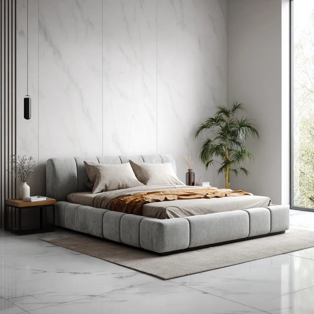 Double Bed Upholstered 200x160x100 cm - Light Gray - Modern Design