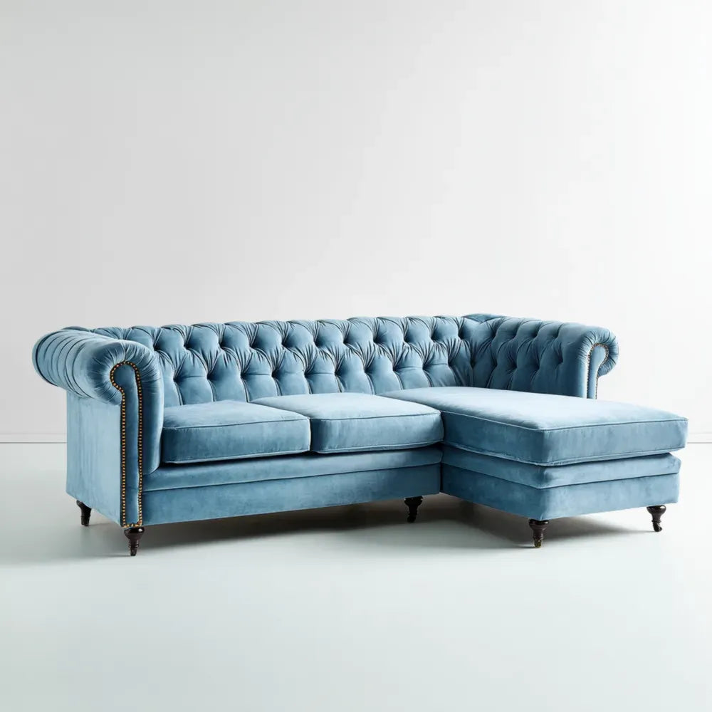 Chesterfield Velvet Upholstered Sectional Sofa 230x90x75 cm - Blue - Classic Design