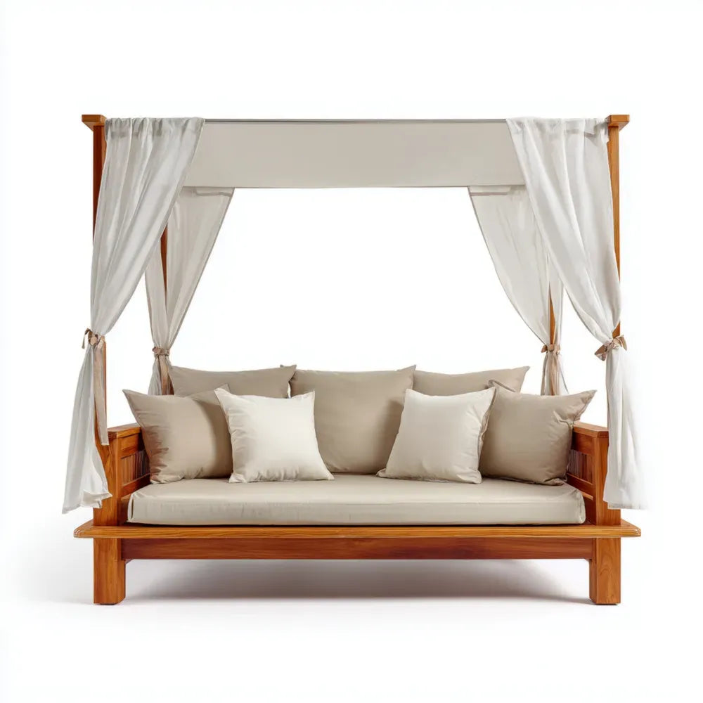 Patio Daybed Teak Wood Cushioned 200x160x150 cm - Cream/Brown - Canopy Design