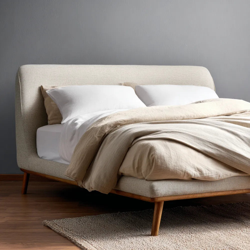 Double Bed Upholstered Fabric 200x140x100 cm - Beige - Contemporary Design