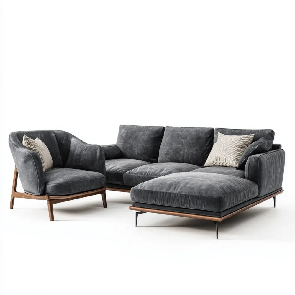 Sectional Fabric Sofa Set 220x90x85 cm with Armchair - Dark Grey - Contemporary Style