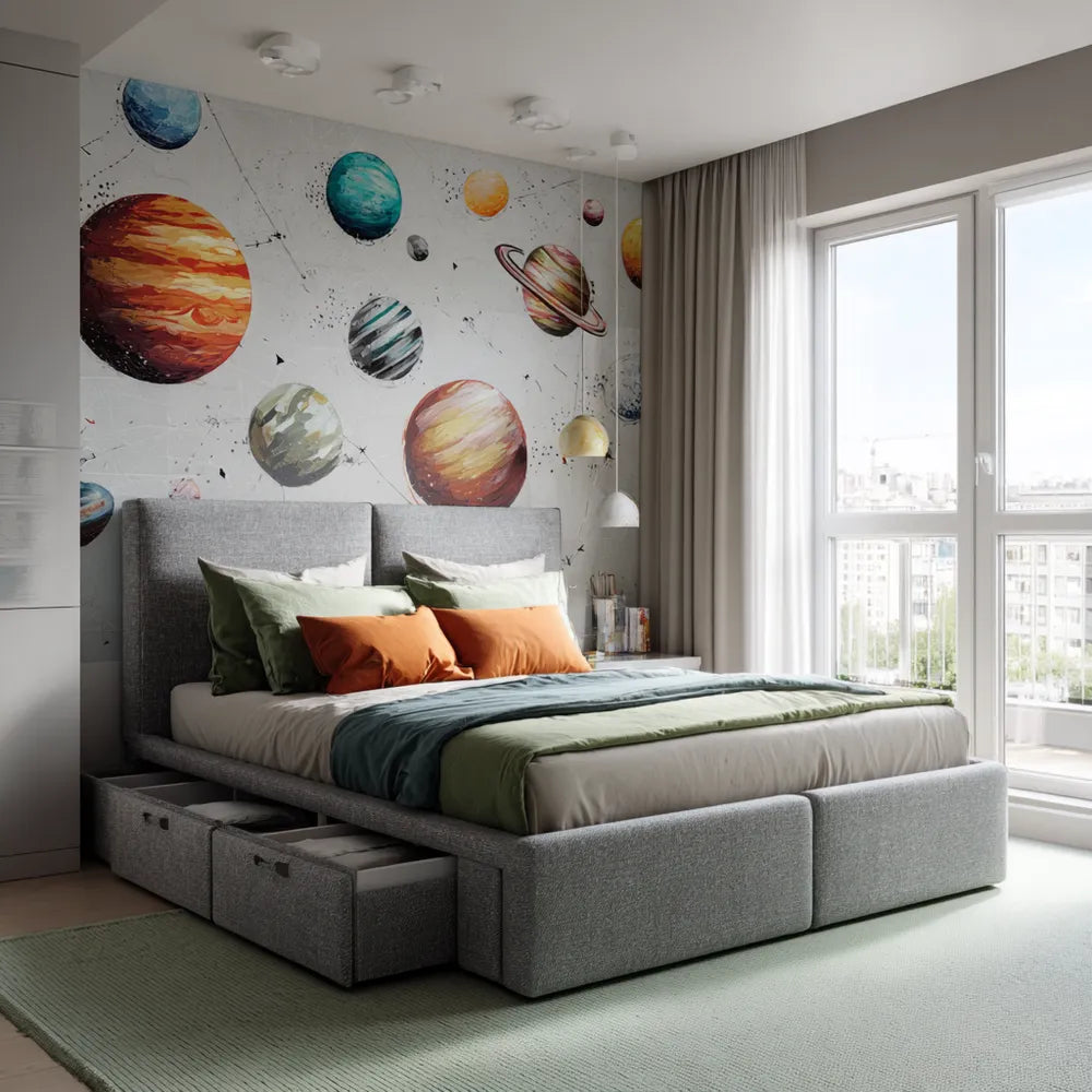 Double Bed with Storage - Fabric Upholstery 200x150x110 cm - Light Gray - Modern Design