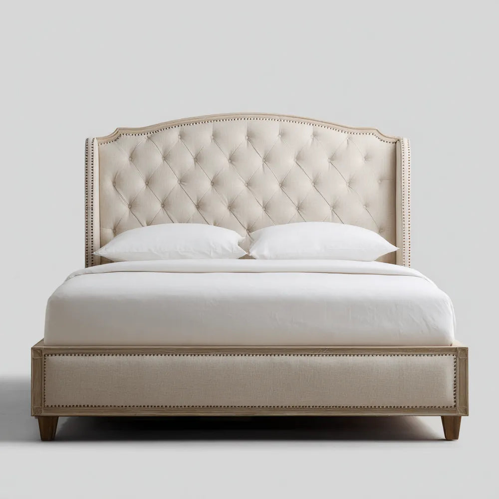 Double Bed Upholstered Fabric 200x150x120 cm – Beige – Contemporary Style