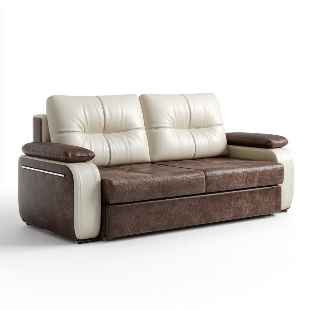 Convertible Sofa Faux Leather 200x90x85cm - Cream/Brown - Contemporary Design