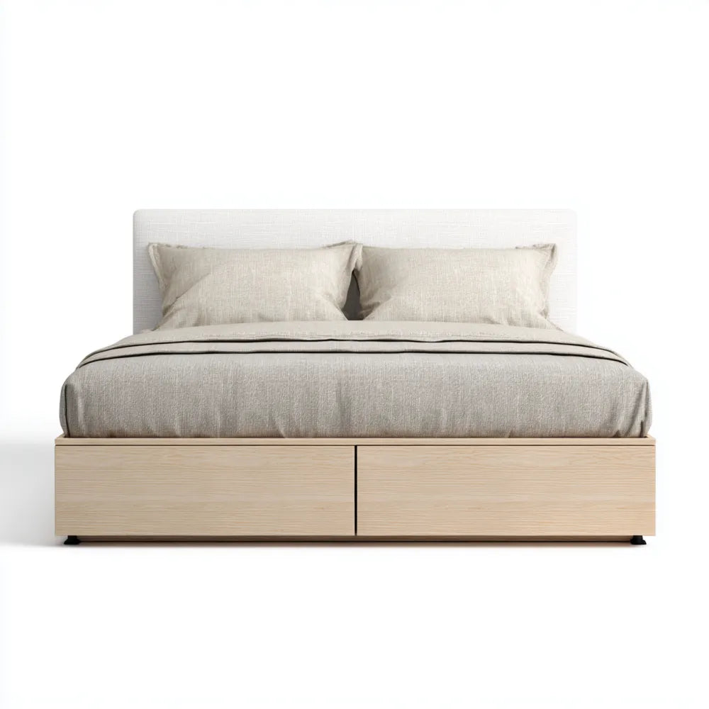 Double Bed Wood Frame 200x160x100 cm with Upholstered Headboard - Beige - Modern Design